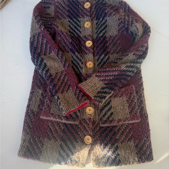 Free People Cottagecore Grandma Brown and Burgandy Plaid Wool Long Cardigan - Picture 3 of 9
